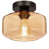 Lynnoland Industrial Semi Flush Mount Ceiling Light, Amber Seeded Glass Shade Ceiling Light Fixture, Light Fixture for Hallway Bathroom Bedroom, Vintage Hanging Light Fixtures