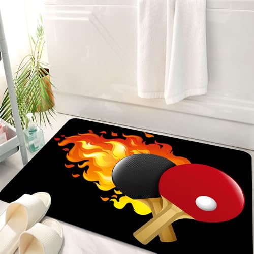 HKPOEQ Alfombrilla de Baño de Microfibra, Tapete para Puerta y Mascotas, Súper Grueso y Absorbente,Las Raquetas de Ping-Pong Rojas y Negras están envueltas en Llamas, evocando imágenes di,50 x 80 cm
