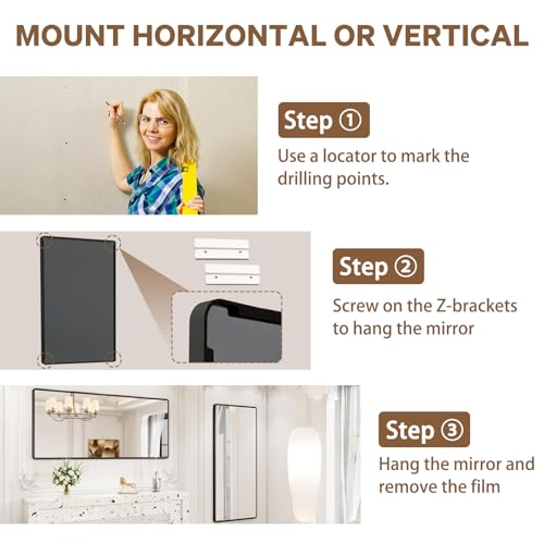 New Upgrade Bathroom Mirror, 60X28 Inch Black Metal Frame Wall Mounted Rounded Rectangle Bathroom Vanity Mirror with Tempered Glass for Washroom Bedroom Living Room