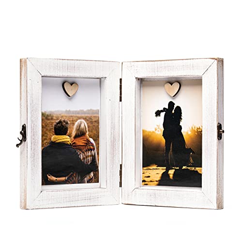 Double Picture Frame-Fold Hinged Rustic Wood Photo Frame 4X6 With Vintage Metal Buckle Wooden Memorial Box Gift. Magnetic Frame Design For Photo Or Message Card White Farm Themed Family Picture Frame #TOP8