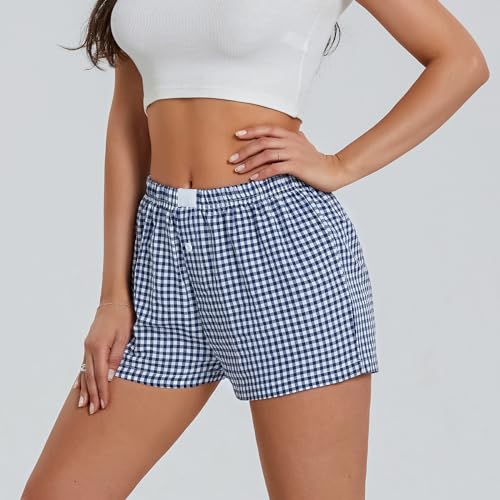 Image of Women Y2k Gingham Boxer Shorts Plaid Striped Cute Mini Bloomers Elastic Waist Loose Fit Summer Shorts