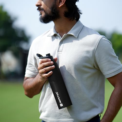 Image of IMPETUS Stainless Steel Water Bottle Sipper 1L (1000ml) Leakproof, Rust free metal bottle & Lightweight Best use for Gym, Office, School, Travel & Fridge- Black