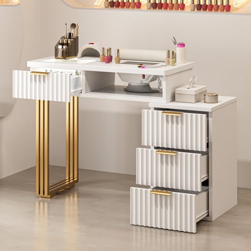 Belandi Manicure Table for Nail Tech, Nail Desk Station with Dust Collector & LED Lights, Acetone Resistant Beauty Salon Workstation w/4 Drawers, Golden Leg (White)