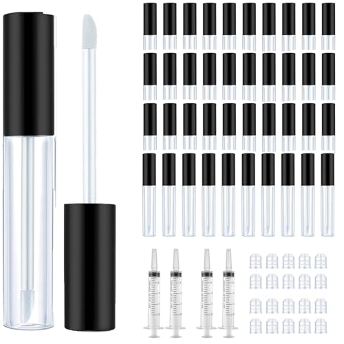 50 Pcs Empty Lip Gloss Tubes 10 ml Lipgloss Tubes Bulk with 4 Pcs Syringes, Refillable Clear Lipgloss Balm Bottles for DIY Makeup, Lipstick Samples, Lip Balms