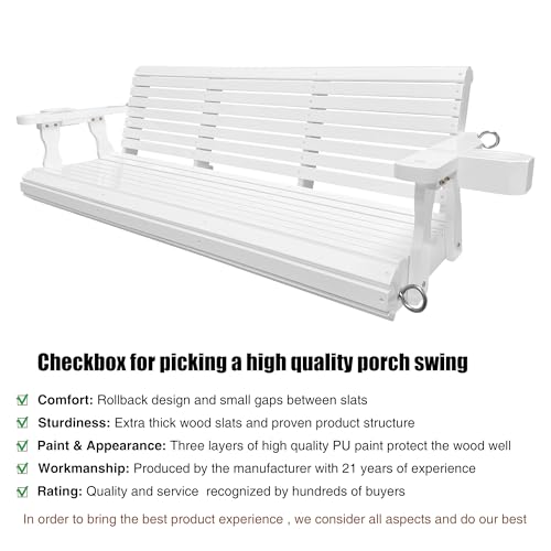 Wooden-Porch-Swing-3-Seater-Bench-Swing-with-Cupholders-Hanging-Chains-and-7mm-Springs-Heavy-Duty-880-LBS-for-Outdoor-Patio-Garden-Yard-High-Gloss-White-5-feet Wooden Porch Swing 3 Seater Bench Swing with Cupholders Hanging Chains and 7mm Springs Heavy Duty 880 LBS for Outdoor Patio Garden Yard High Gloss White 5 feet