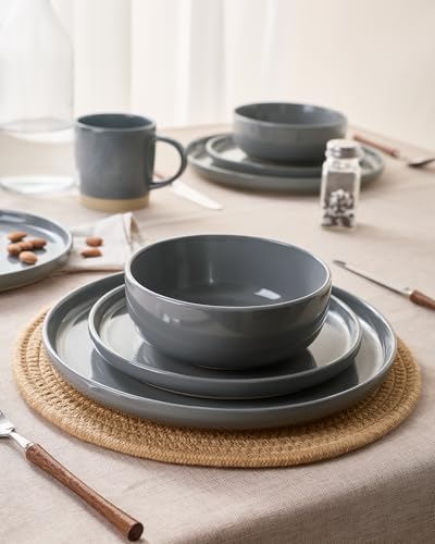 Image of Famiware Milkyway Stoneware Dinnerware Sets with Mugs, Service for 4 (16pcs), Plates and Bowls Sets, Scratch Resistant, Microwave and Dishwasher Safe Dishes Set, Dark Gray