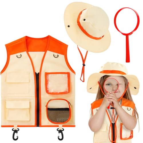 Ramede Kids Safari Explorer Vest and Hat Explorer Costume for Fishing Adventure Camping Boy Girls Cosplay(Orange,Stylish)