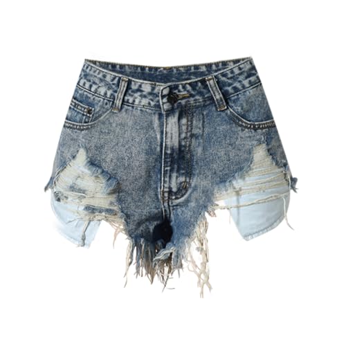 Short en jean déchiré femme taille mi-haute denim bleu à poches