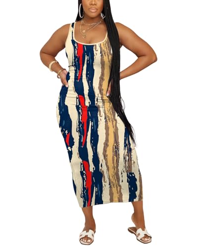 Image of Women Casual Summer Tank Top Dress Ribbed Bodycon Midi Sleeveless Sundress Sundress Basic Slim Fitted Pencil Dresses