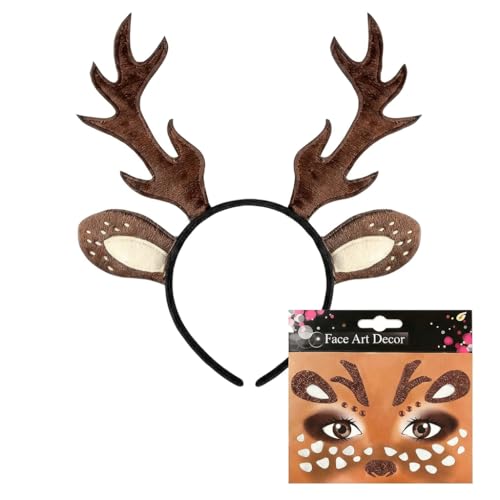 2er Set Reh Kostüm Zubehör: 1er Haarreif mit Geweih in Braun und 1er Gesichtstattoo für Damen Ideal für Fasching Karneval und Mottoparty Hirschgeweih Kopfschmuck für ein komplettes Kostüm.