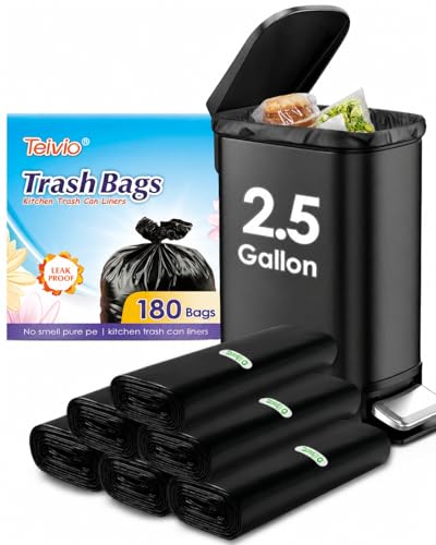 Teivio 2.5 Gallon 180 Counts Small Trash Bags Garbage Bags Bathroom Trash Can Bin Liners Small Plastic Bags for home office kitchen Black