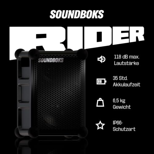 Soundboks Rider: Tragbarer Bluetooth-Lautsprecher – 118 dB – Robustes Gehäuse (6,5 kg) – Wetterfest & bereit für jede Party (IP66) – Austauschbarer Akku (35 Std. Laufzeit) – USB-C-Schnellladung (65 W)
