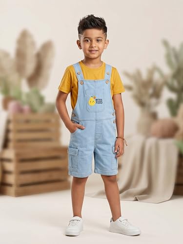 Image of KiddoPanti Unisex Denim Cargo Dungaree Shorts | 69.1% Cotton 29% Spun Poly 1.9% Spandex | Above Knee Length | Soft Breathable Summer Dungaree