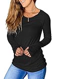 PiePieBuy Women's Thumb Hole T-Shirt Long Sleeve Crew Neck Plain Shirts Casual Ruched Tee Tops Black
