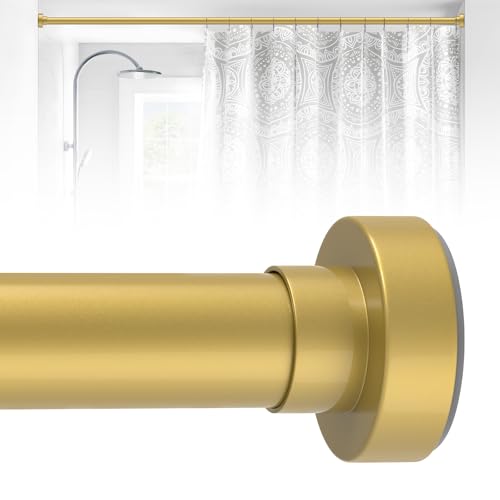 HTZON Gold Shower Curtain Rod 18 to 49Inch:Small Spring Tension Shower Rods for Bathroom Kitchen Doorway Modern Heavy Duty Adjustable Tension Shower Curtain Rod No Drilling No-Slip Easy Install Gold