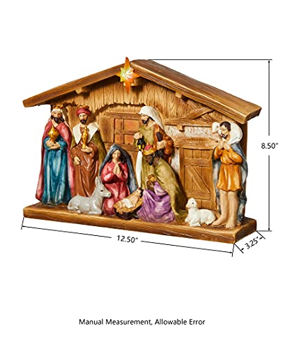 Image of Glitzhome Lighted Resin Nativity Figurines House Countertop Christmas Ornaments Nativity Scene Figure Tabletop Crafts Statue Miniatures Xmas Collectibles Baby Jesus Gifts for Home Shelf Decor 12.5 inch