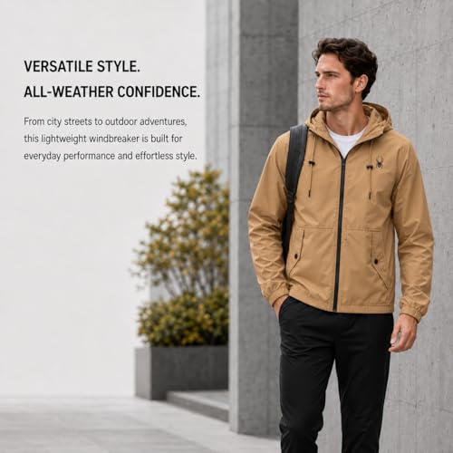 Image of Spyder Mens Windbreaker Jacket - Hooded Lightweight Breathable Hiking | Water Resistant, Full Zip, Everyday Layer for Hiking, Commutes, Travel, Errands, and Cool-Weather Days