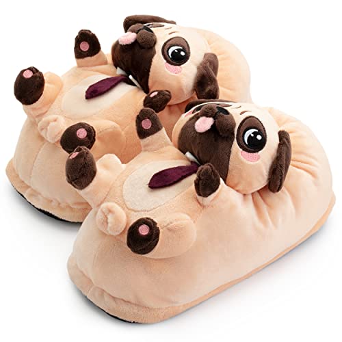 corimori Witizige Plüsch-Hausschuhe Mops Coco für Erwachsene und Kinder | Braun, EU Einheitsgr. 34-44 | Pantoffeln Slipper Schuhe