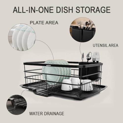 Image of ZOLMIX Dish Drying Rack, Dish Drainer Basket with Drainer Tray, Utensils Drying Rack Anti-Rust Detachable Cutlery Holder, Bartan Basket with Drain Tray, Kitchen Utensils Organizer, Black (42x32x13 cm)