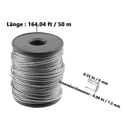 NAMYEUT 50m x 1,5mm Edelstahlseil, Drahtseil Edelstahl, Stahlseil Ummantelt 1,5mm mit 40 Aluminiumhülsen, 7 x 7 Stränge Edelstahldraht zum Aufhängen von Bilderrahmen, Foto, Gemälden, Spiegeln