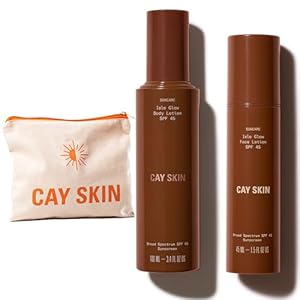 Cay Skin Isle Glow Face and Body Kit with Makeup Bag. SPF 45 Broad Spectrum Facial Sunscreen with Sea Moss, UVA/UVB Protection + Isle Glow Body Lotion SPF 45 with Cocoa Seed Butter