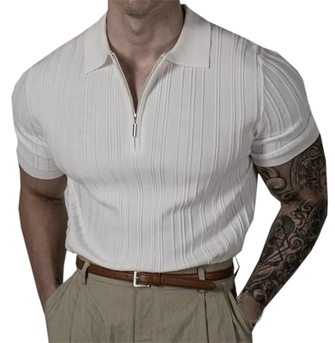 DAIMIDY Mens Zipper Polo Sweater Textured Knit Short Sleeve Pullover2