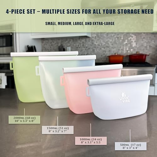 Reusable Silicone Food Storage Bags – Set of 4 Multicolor (500ml/17oz, 1000ml/34oz, 1500ml/51oz, 2000ml/68oz) – Leakproof, Freezer, Microwave, Oven & Dishwasher Safe, BPA-Free - Thumbnail 5