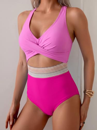 Image of B2prity Women's One Piece Swimsuit Tummy Control High Waisted Bathing Suit | Color Block,Removable Soft Cups,Cutout,V neck,Full Coverage,Adjustable Criss Cross Straps,Tie Back