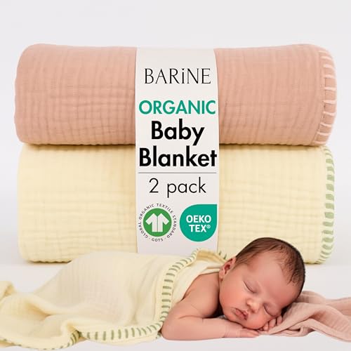 Barine Baby Blankets for Boys & Girls – 100% Organic Turkish Cotton 4-Layer Muslin Blankets for Newborn & Toddler | GOTS & Oeko-TEX Certified | (2, Pinkish - Pale Yellow, Baby | 33x33 inches)