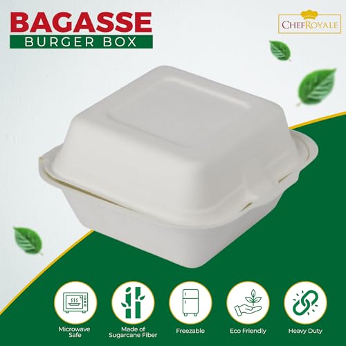 CHEF ROYALE 6" Inches Bagasse Burger Box. Disposable White Bagasse Box for Burger.Biodegradable and Compostable Sugarcane Clamshell Takeaway Box. (10)