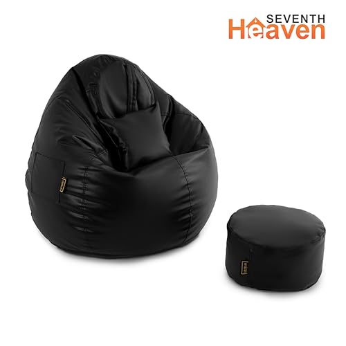 Image of Seventh Heaven 4XL Bean Bag Cover with Footrest and Cushion (Without Beans) | Premium Scratch Resistant Leatherette | (Leatherette Fabric - Black)