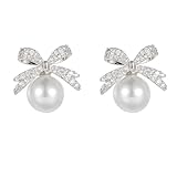 K.L.Y パール ピアス レディース 人気 蝶結び 18金 最高級ジルコニア 金属アレルギー対応 人気ピアスリボン 真珠 18K ゴールド 誕生日 プレゼント (シルバー)