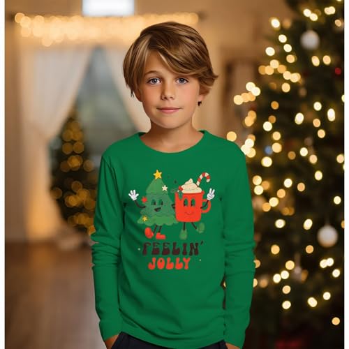 Image of Kids Christmas Shirts Girls Boys Feelin Jolly Long Sleeve T-Shirts Xmas Tree Hot Cocoa Graphic Tee Holiday Fall Tops