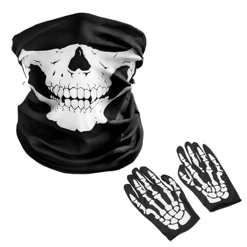 Mikiuly Motorrad Totenkopf Maske, Totenkopf Multifunktionstuch, Schädel Motorrad Schlauchschal, mit Halloween Skelett Handschuhe, für Motorrad Fahrrad Ski Halloween