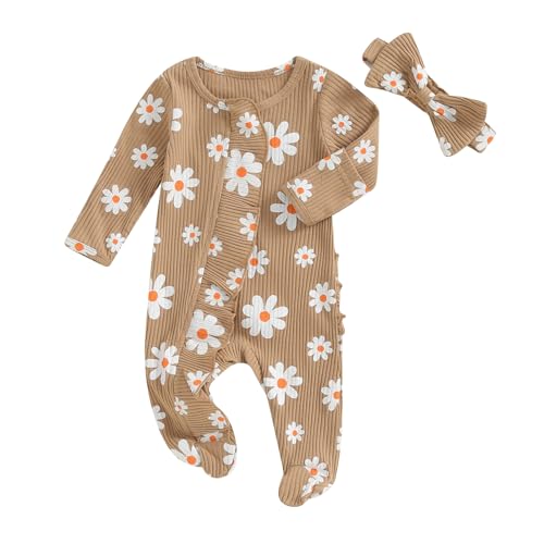 Image of YINGISFITM Baby 3 6 Months Girl Clothes Newborn Onesie Ruffle Long Sleeve Ribbed Romper Jumpsuit One Piece Hospital Outfit