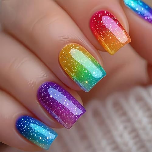 Rainbow Gradient Press on Nails Short Square Fake Nails Reusable Acrylic False Nails with White Polka Dot Decoration Design for Women Girls Festival Party Daily Wear Nail Art 24 Pcs