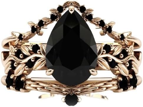 1CT-6CT Unique Black Onyx Bridal Ring Set Art Deco Pear Shaped Black Gemstone Engagement Ring Set for Women Antique Wedding Band with Promise Ring Art Deco Anniversary Ring Set