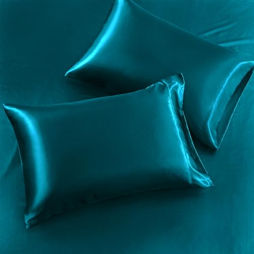 Image of SiinvdaBZX 3-Piece Set Satin Twin Fitted Sheet & 2 Pillowcase, Dark Teal Silky Soft Fitted Bottom Sheet, Wrinkle Free, Fade Resistant, Deep Pocket Bed Sheet (Deep Up to 15 inch)