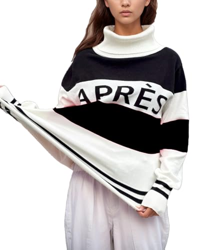 Image of Women Stripe Sleeve Sweaters Turtleneck Warm Sweaters Apres Ski Patchwork Colorblock Tops Winter Outfits