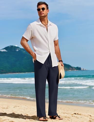 COOFANDY Calça masculina casual de linho, ajuste solto, cintura elástica, cordão, leve, verão, praia