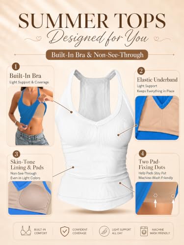 Danysu V-Ausschnitt Tank Tops mit integriertem BH für Damen Basic Taillierte Gym Oberteil Sexy Sommer Outfits Weiß mit Schwarz XS