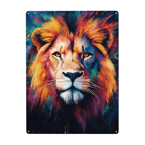 BEAROWL Metal Tin Sign – Lion Portrait Featuring Rainbow Hues