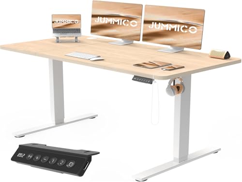 JUMMICO Escritorio Elevable Eléctrico con Cargador USB, Escritorio Regulable en Altura Ergonomica Escritorio de pie Ajustable Smart Panel con Funciones de Memoria, Standing Desk 140 x 60 cm, Beige