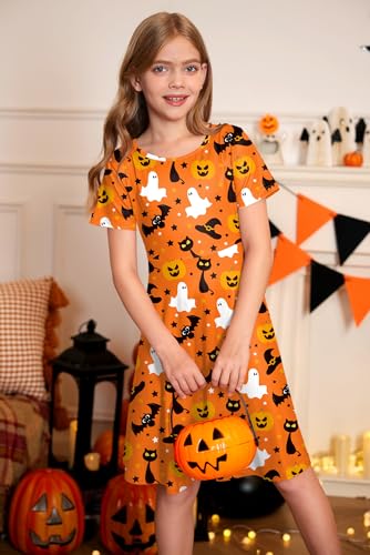 BesserBay Girls Halloween Short Sleeve Printed Crewneck Midi Dress 4-14 Years4