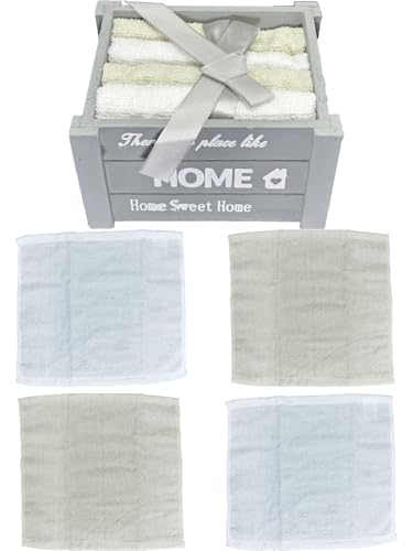 Panier en bois shabby chic avec 4 serviettes en coton, gris Home Phrase
