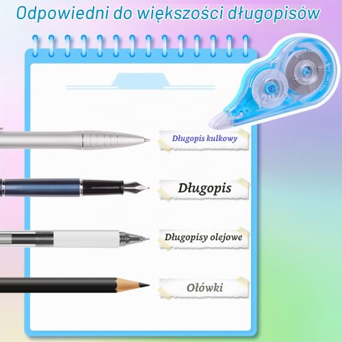 Jewan 10 sztuk taśm korekcyjnych, korektor w taśmie 12 m x 5 mm, korektor w rolce z nasadką ochronną i okienkiem kontrolnym, mysz korekcyjna do szkoły, biura i domowego biura