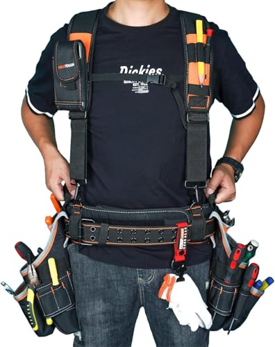 Image of MELOTOUGH Pro Framer Combo System Tool Belt with Suspenders Construction Tool Pouch Builder Heavy Duty Carpenter Suspension Rig Tool Belt and Multi Function for electrician, roofing,contractor