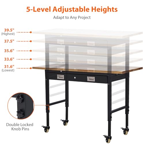 60" Work Bench, Heavy Duty Adjustable Height Table with Power Outlets, Portable Garage & Workshop Work Bench, 2000 LBS Capacity, Office, Home Use, Easy Assembly, Multipurpose Utility Table
