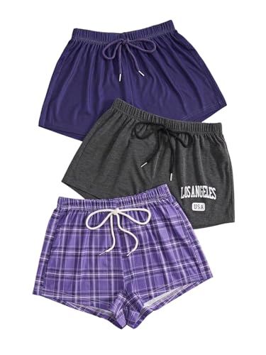 Image of WDIRARA Women's 3 Pack Plaid Letter Graphic Pajama Shorts Lounge Shorts | Elastic Waist ,Comfortable,Home Living,Sleepwear