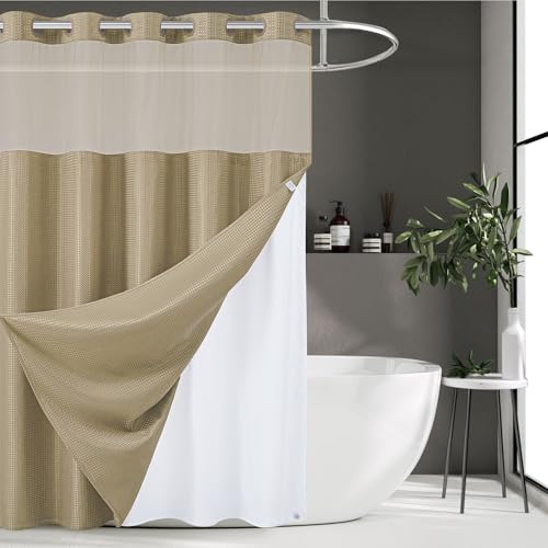 Image of Furlinic Extra Long Waffle Weave No Hook Shower Curtain with Snap in Liner,Heavy Duty Textured Fabric Bathroom Curtains,Hotel Style with Mesh Top Window,Waterproof & Machine Washable,Beige,71x96